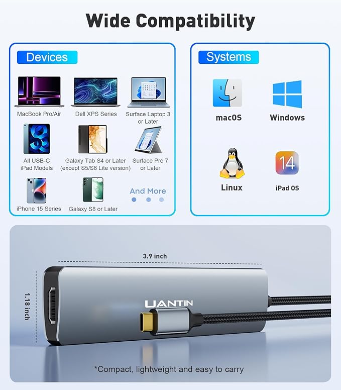 USB C Hub Multiport Adapter with 4K HDMI Dongle, SD/TF Card Reader, 2 USB-A 3.0, 5 in 1 USBC Hub for MacBook Mac Pro/Air, Dell, HP, ASUS, Acer and Other Type C Laptops