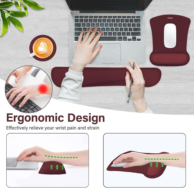 MOSISO Wrist Rest Support for Mouse Pad & Keyboard Set, Ergonomic Mousepad&Coaster Non-Slip Base Home/Office Pain Relief & Easy Typing Cushion with Neoprene Cloth & Raised Memory Foam, Wine Red