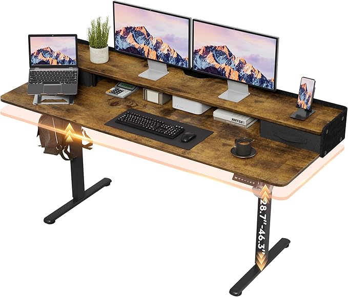 Furmax Electric Standing Desk with Drawers, Stand Up Desk with Storage Shelf Height Adjustable Computer Desk with Organizer for Home Office Ergonomic (Rustic Brown, 63 Inch)