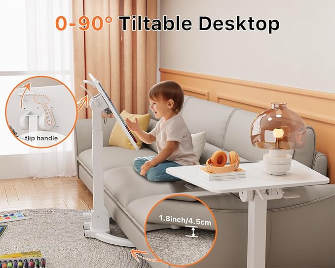 JOY worker Foldable Mobile Standing Desk, Height Adjustable Sit Stand Desk, 90° Tiltable Rolling Laptop Table, Portable Workstation with Wheels Non-Slip Mat for Home Office, Holds Up to 22lbs, White