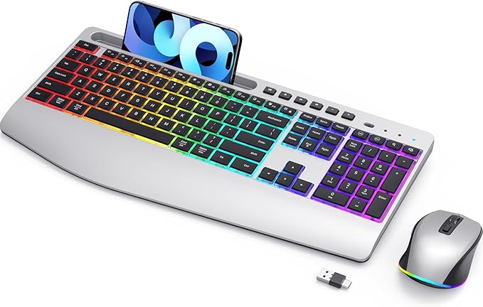 Silver Wireless Keyboard and Mouse Combo - Dual System RGB Backlit Mouse and Keyboard Advanced Optical Tracking, Lag-Free Wireless,Ergonomic Keyboard, 90% Less Noise Silver-V1