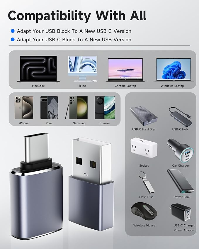 USB to USB C Adapter 4 Pack, [USB-C to USB-A] & [USB-A to USB-C] Converter, Compatible with iPhone 17/16/15 Pro Max, MacBook Pro/Air, Samsung Galaxy S25/S24, Charger, Data Transfer, OTG Support