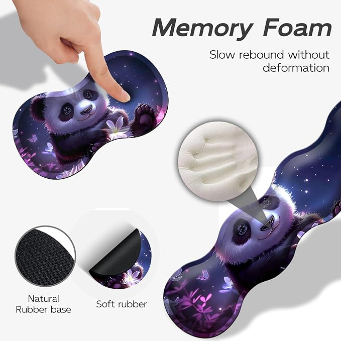 Gaming Mouse Pad Set, Cute Panda Large Desk Mat Mousepad, Keyboard Wrist Support, Mouse Wrist Rest, Coaster 4in1 Ergonomic Memory Foam, Non-Slip Stitched Edge for Home Office