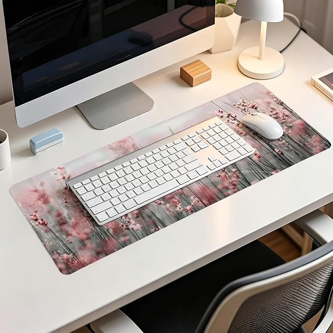 Pink Lavender Floral Mouse Pad,XL Large Spring Summer Meadow Mouse Pads,Aesthetic Cottagecore Flower Desk Mat,Impressionist Botanical Grass for Home Office Dorm Desktop Decor,31.5x11.8 Inch