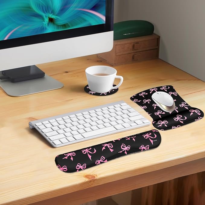 MOSISO Wrist Rest Support for Mouse Pad&Keyboard Set, Pink Bows Ergonomic Mousepad&Coaster Non-Slip Base Home/Office Pain Relief&Easy Typing Cushion with Neoprene Cloth&Raised Memory Foam, Black