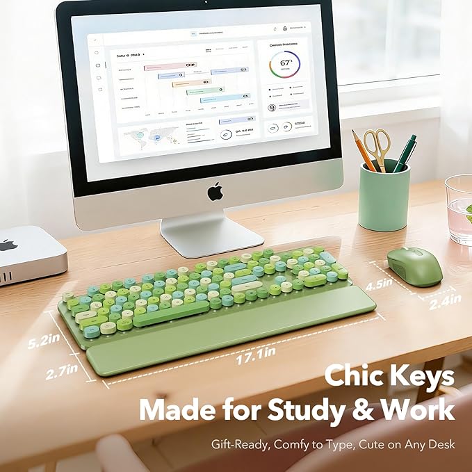 Wireless Keyboard and Mouse Combo with Detachable Magnetic Wrist Rest, Retro Typewriter-Style Keyboard, Round Keycaps, 3-Level DPI Ergonomic Mouse, 2.4GHz for Windows PC/Laptop (Sage Green Mix)