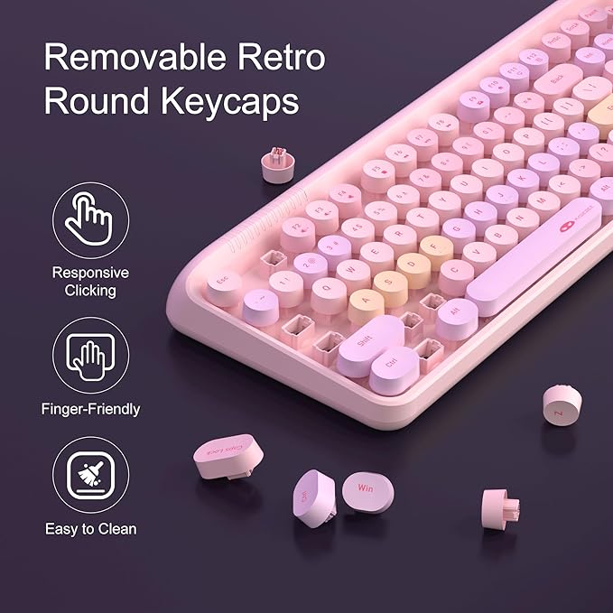MageGee V920 Wireless Keyboard and Mouse Combo, 2.4G Full-Sized Retro Typewriter Keyboard with Round Keycaps & Auto-Sleep Mode, Cute Computer Keyboard and Cordless Optical Mouse for Laptop/PC (Pink)
