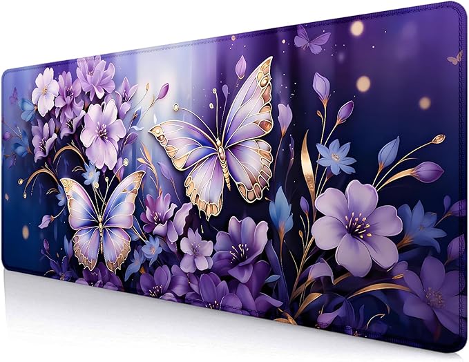 IMAYONDIA Gold Butterfly Desk Pad, Purple Flowers Large Mousepad, Floral Desk Mat, Modern Beutiful Extended Mouse Pads for Laptop, Computer Pad for Women Girls Office, 31.5x11.8 in