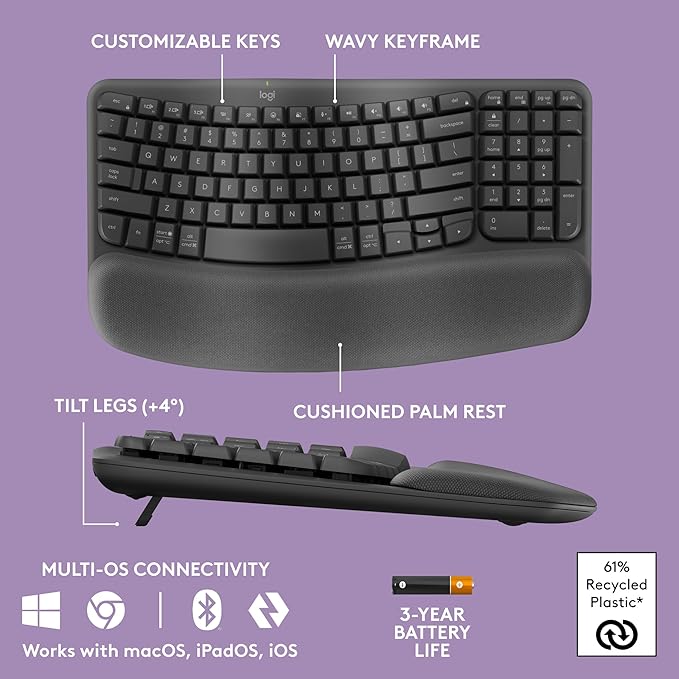 Logitech Wave Keys & Lift Vertical Mouse - Ergonomic Bundle — Wireless Keyboard with Cushioned Palm Rest & Vertical Wireless Mouse - Easy-Switch, Bluetooth, for Multi-OS, Windows/Mac - Graphite