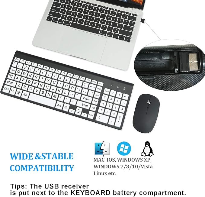 Full Size Large Print 2.4g Wireless Keyboard and Mouse with Oversized Print for Visually Impaired Low Vision Individuals (Black)