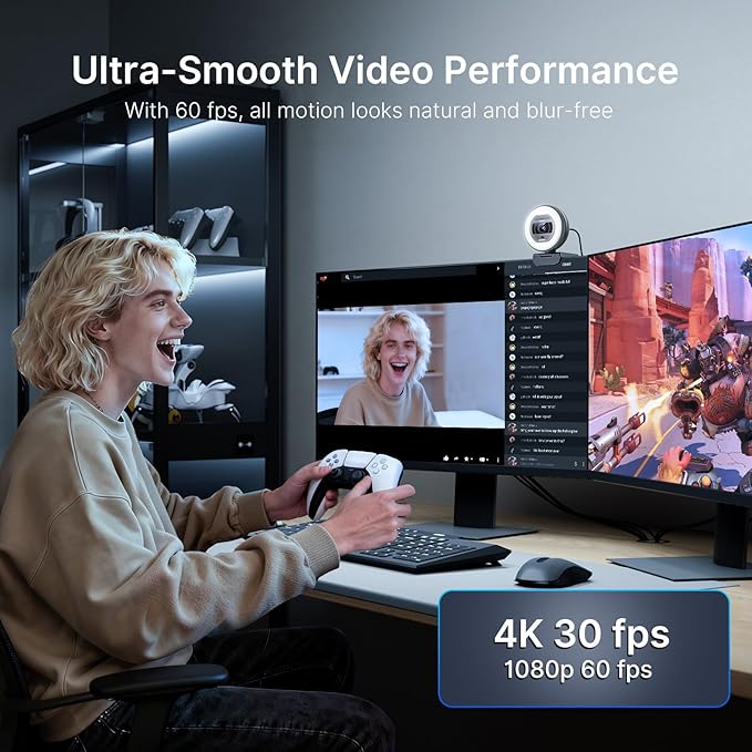 NexiGo N930E Pro, 4K Webcam with Ring Light, PDAF Autofocus, 1080P@60FPS, Dual Noise-Canceling Mics, Built-in Privacy Shutter, Web Cam for Streaming, Meeting, Gaming