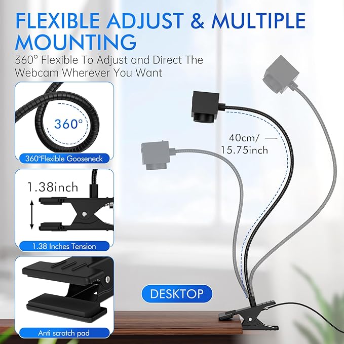 Webcam for PC, Laptop Camera USB Webcam with Adjustable Gooseneck, Flexible Positioning 1080P Computer Camera for Presentation, Desktop Demo, Full-Body View, Video Call, Zoom, Teams, Skype (Black)