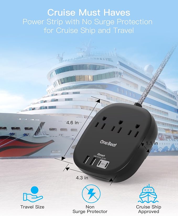 Flat Plug Power Strip, Flat Extension Cord 3 Ft, 3 Outlets 4 USB Ports (2 USBC) 22.5W/4.5A Desktop Charging Station, Power Strip No Surge Protection for Cruise Ship, Dorm Room Travel Essentials, Black