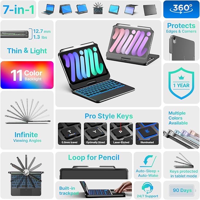 typecase Keyboard Case for iPad mini 7 (2024) & mini 6 (2021) - Wireless Case with Keyboard for iPad mini 7th 6th Generation 8.3" - 11 Colors Backlit Keyboard Cover with Trackpad - Dark Gray