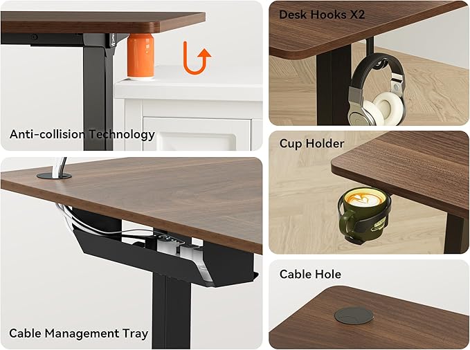 75x61 Inches Reversible L Shaped Standing Desk Height Adjustable with Cup Holder, Electric Corner Computer Workstation for Home Office, Ergonomic Sit Stand up Gaming Desk, Black Walnut