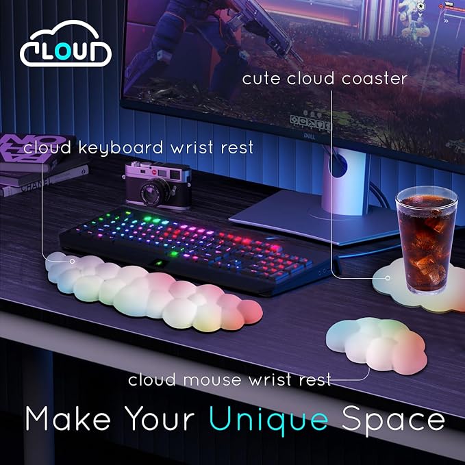 Cloud Wrist Rest for Computer Keyboard Arm Wrist Rest with Non-Slip Base Extended Wrist Rest Ergonomic Memory Foam for Keyboard and Mouse Typing Pain Relief, Office, Gaming, Computer