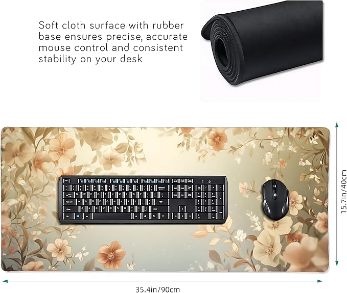 Cute Floral Aesthetic Daisy Gaming Mouse Pad, Muted Green Dreamy Desk Mat with Anti-Slip Base & Stitched Edges,35.4" x 15.7" in Desk Accessories for Women, Home Office Decor & Artistic Gift