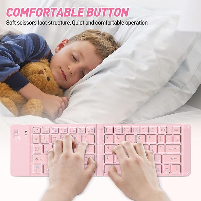 Mini Rechargeable Foldable Bluetooth Keyboard and Mouse Combo, Portable (Sync Up to 3 Devices), Ultra-Slim Travel Folding Keyboard for iPhone iPad Mac Android Windows iOS（Pink）