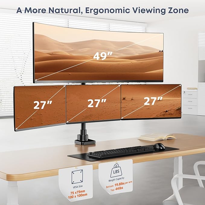 Quad Monitor Mount for up to 49 inch Ultrawides on Top and 27 inch Screens on Lower Brackets,Heavy Duty,Fully Adjustment, Holds up to 44 lbs, VESA 75x75/100x100 mm,Black