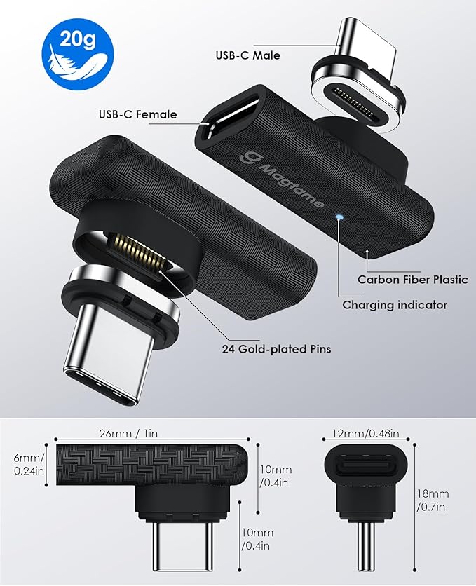Magtame 24Pin Magnetic USB C Adapter 2-Pack, USB-to-USB Adapters PD 240W USB C 90 Degree Adapter, 40Gbps & 4K Video Output, USB Type C Right Angle Adapter for Phone 17/16/15, Laptop
