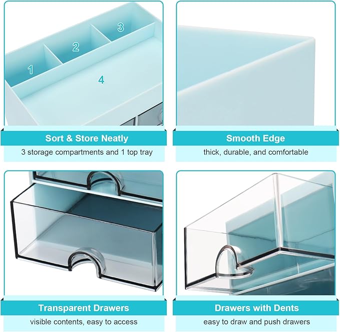 Desk Organizer, Office Organizer with Drawer, Desk Accessories & Workspace Organizers, Pen Holder Office Supplies for Desk (4 Drawers+4 Compartments, Blue)