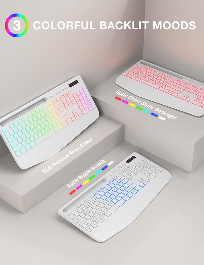 SABLUTE Wireless Keyboard and Mouse Combo, 9 Backlit Effects, Wrist Rest, Phone Holder, 2.4G Lag-Free Ergonomic Keyboards, KM22 MAX Rechargeable Silent Set for Computer, Laptop, Mac, Windows（White）