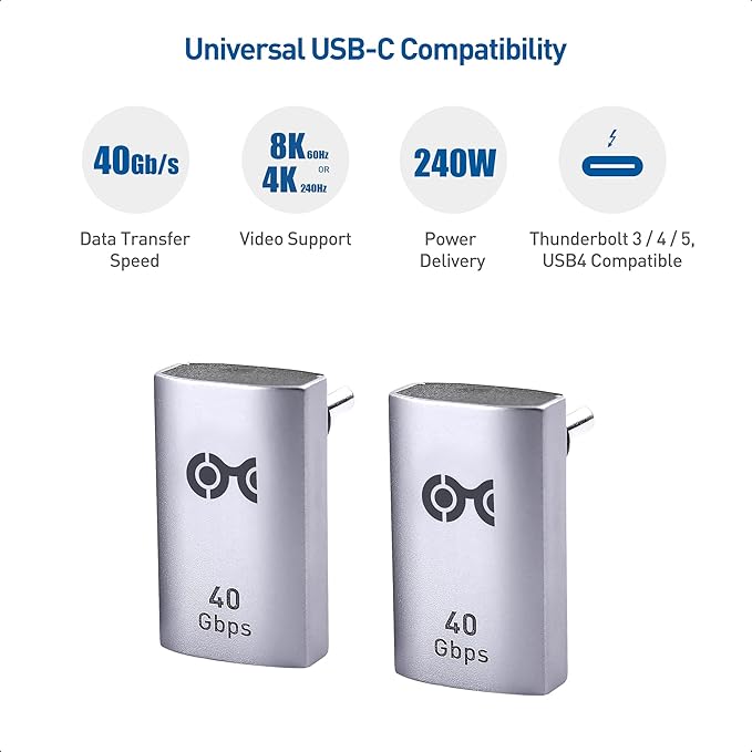 Cable Matters 2-Pack 40Gbps Right Angle USB C Adapter, Up to [4K@240Hz Video, 240W Charging, 40Gbps Data Transfer] 90 Degree USB C Adapter, Compatible with Thunderbolt 4, iPhone 16, Steam Deck