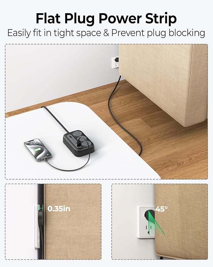 ORICO Surge Protector Power Strip, Multiple Outlets Extension Cord with 6 AC Outlets 2 USB-A and 2 USB-C Ports, 10 ft Long Flat Plug Power Strip, Mountable Outlet Extender for Dorm/Office/Home- OG