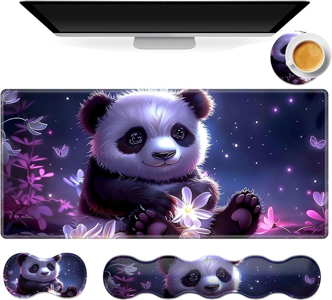 Gaming Mouse Pad Set, Cute Panda Large Desk Mat Mousepad, Keyboard Wrist Support, Mouse Wrist Rest, Coaster 4in1 Ergonomic Memory Foam, Non-Slip Stitched Edge for Home Office