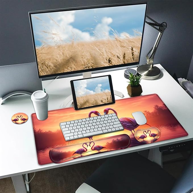 Large Mouse pad and Keyboard Support Set, Ergonomic Memory Foam Keyboard Wrist Rest, Extended Gaming Mouse Pad with Stitched Edges, Romantic Pink Swans Heart XXL Desk Mat (31.5 X 11.8 in)