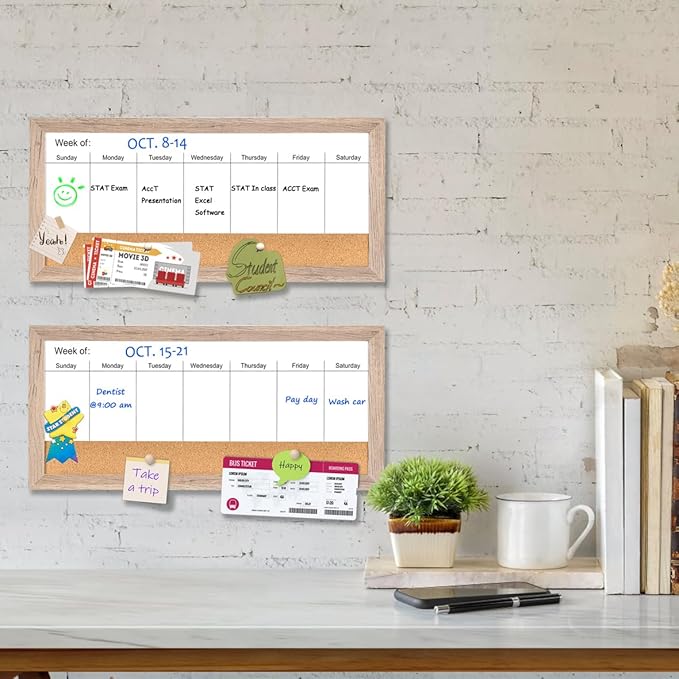 Magnetic Weekly Dry Erase White Board and Cork Board,Rustic Brown Wood Frame，Magnetic Surface Whiteboard for Home Office and Wall Decor(ZHZL-2040QZ)