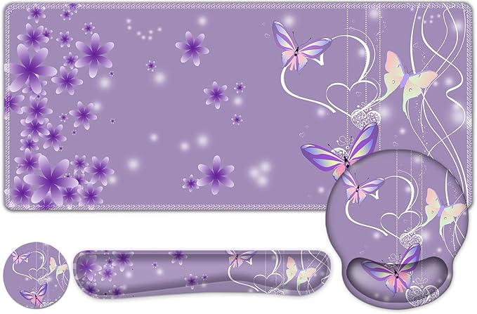 Purple Butterflies Florals Mouse Pad, XXL Large Desk Mat Extended Reading Desk pad, 4PCS Non-Slip Rubber Base Computer Big Mousepads for Work, Game, Office, Home Decor Girls Woemn Gifts Accessories