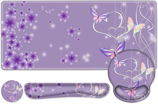 Purple Butterflies Florals Mouse Pad, XXL Large Desk Mat Extended Reading Desk pad, 4PCS Non-Slip Rubber Base Computer Big Mousepads for Work, Game, Office, Home Decor Girls Woemn Gifts Accessories