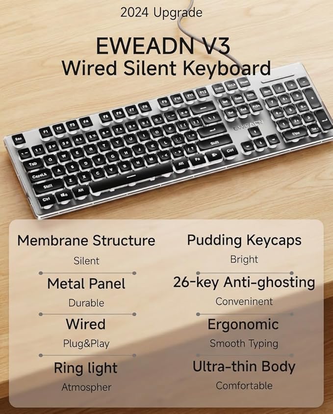 EWEADN GX710S Backlit Computer Keyboards, Wired USB Keyboard with White Backlit, Metal Panel, Plug and Play, Pudding Keycaps Full Size Quite Computer Keyboard for Win/PC/Laptop-Black