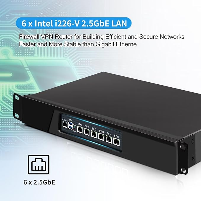 1U N100 Firewall Appliance Rackmount, 19” Rack Firewall Hardware with 6 Port i226-V 2.5GbE LAN, 1U OPNsense Homelab Server DDR5 8GB RAM 128GB SSD, HD + VGA Dual Display