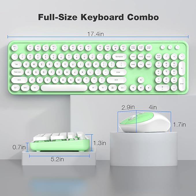 KNOWSQT Wireless Keyboard and Mouse Combo - White-Green Full-Sized 2.4 GHz 104 Keys Typewriter Keyboard, Flexible Round Keycap and Optical Mouse for Windows, Computer, PC, Laptop, Desktop, Mac