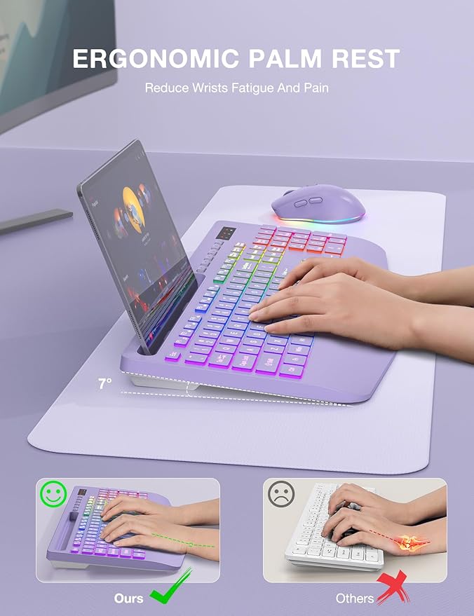 SABLUTE Wireless Keyboard and Mouse Combo, 9 Backlit Effects, Wrist Rest, Phone Holder, 2.4G Lag-Free Ergonomic Keyboards, KM22 MAX Rechargeable Silent Set for Computer, Laptop, Mac, Windows（Purple）