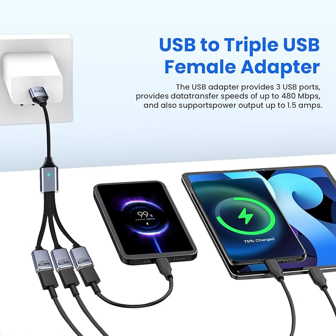 USB Splitter 3 Port with USBC Adapter for Laptop, 1 in 3 Out Extension Cable, Data and Power Cable Compatible with PC Keyboard Mouse Mac Flash Drive PS4 PS5 Printer