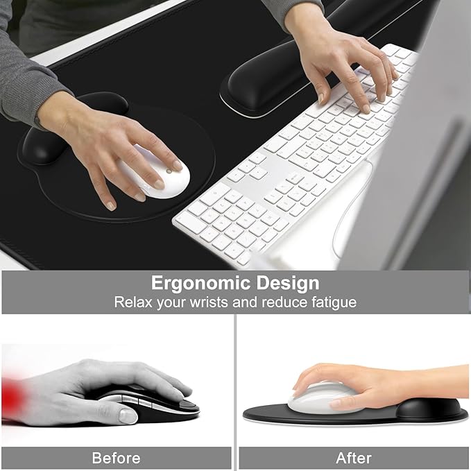 Dapesuom Large Gaming Mouse Pad, Black Mouse Pads with Wrist Rest Wrist Support, 4in1 Big XXL Desk Mat Desk Pad + Ergonomic Mousepad + Memory Foam Keyboard Mat Wrist Rest + Coaster Set for Computer