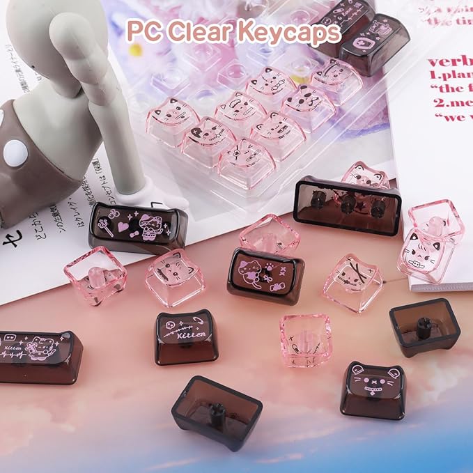 26 Keys Crystal Jelly Personalized Keycaps, PC Material Cute Black Pink Cat Transparent Custom Keycaps, Mao Profile Keycap for DIY MX Swithes Mechanical Keyboards