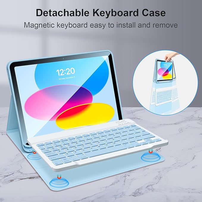 iPad 10th Generation Case with Keyboard Magnetic Detachable BT Keyboard Case Premium Protective Cover & Pencil Holder for Apple iPad 2022 10.9 Inch (Sky Blue)