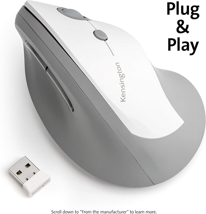 Kensington Pro Fit Ergo Vertical Wireless Mouse- Gray, White