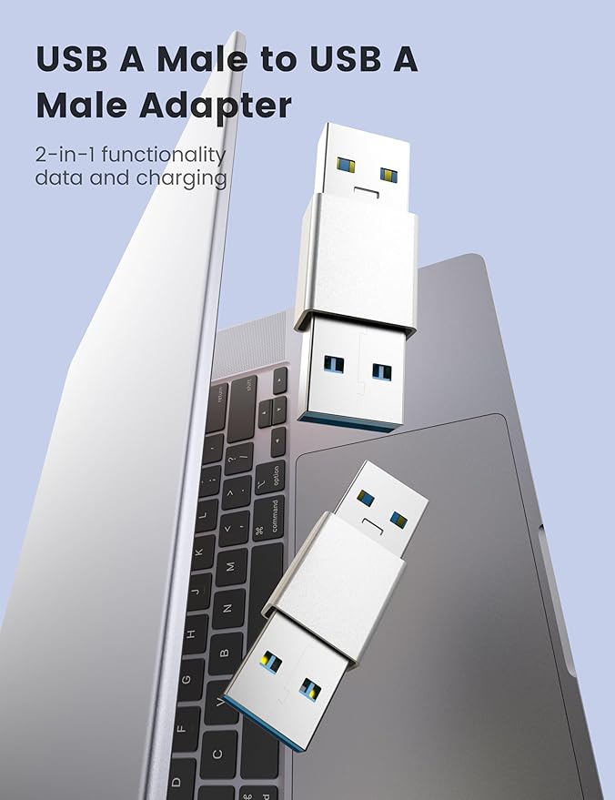 Fidioto USB 3.0 Male to Male Adapter, Dual Port High-Speed Data Extension Connector with 5Gbps Transfer, Aluminum Alloy Housing, Compatible with HDDs/USB Drives/Printers