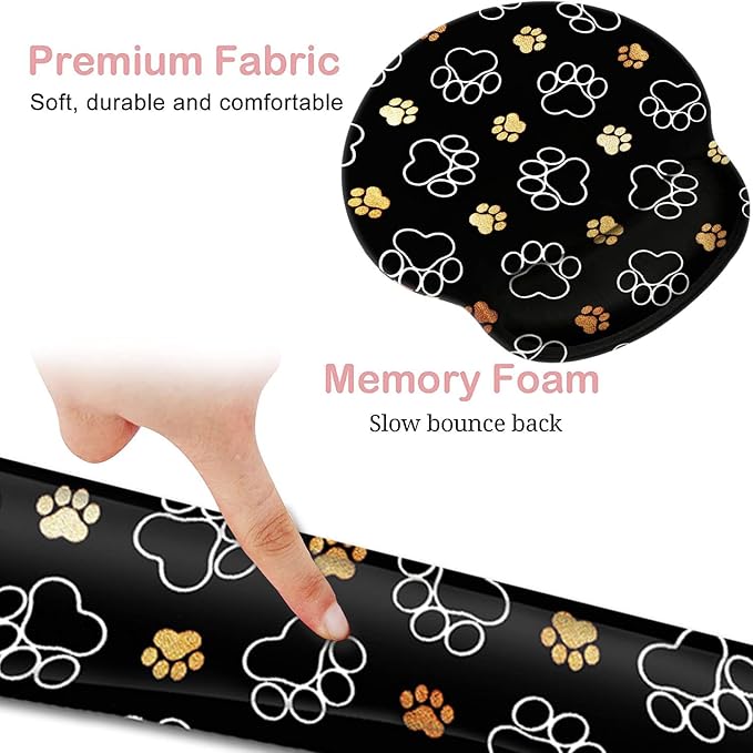 Keyboard Wrist Rest and Mouse Pad with Wrist Support, Ergonomic Gel Mouse Pad Coaster for Easy Typing Pain Relief, Memory Foam Keyboard Mousepad Set,Cute Dog Paw Prints Gold White