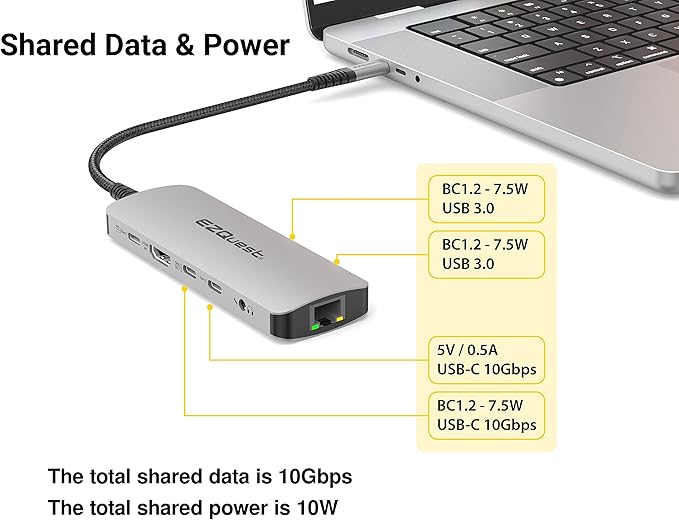 EZQuest USB-C Hub Docking Station 10 in 1 with 4K HDMI 60Hz, 1 GBS Ethernet, 2 USB C Gen 2 10Gbs, 1 PD 3.0, 2 USB-A 3.0, Audio Ports, SD/Micro SD, Compatible with USB Type C/Thunderbolt Computers