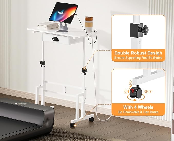 Small Adjustable Height Standing Desk with Storage Drawers, Rolling Sit Stand Up Desk with Wheels Charging Station, Adjustable Mobile Portable Table for Walking Pad Laptop Treadmill Computer