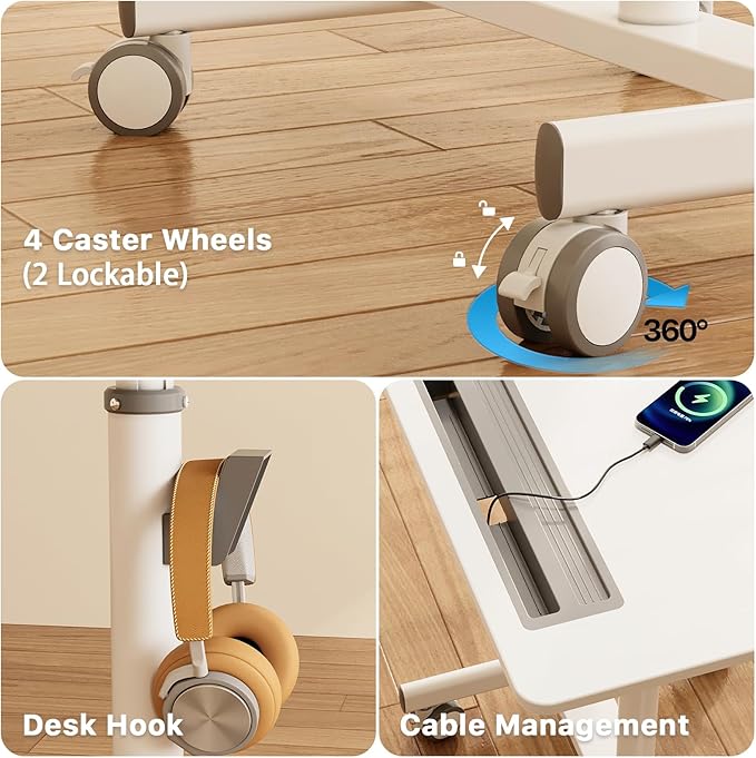 Mobile Standing Desk, 28 inch Rolling Standing Laptop Desk with Cup Holder, Mobile Desk Workstation with Wheels, Portable Computer Desk Cart with Hook for Home Office, White