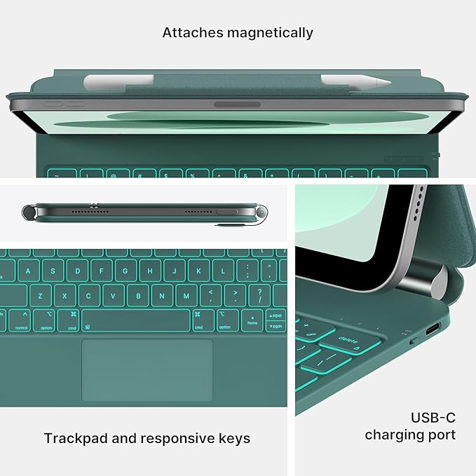 typecase Edge Keyboard Case for iPad 11th Gen A16 (2025) & 10th Gen 10.9" (2022) – Multi-Touch Trackpad, 11-Color Backlit Magic-Style Keyboard – Floating Magnetic Stand, Pencil Holder – Midnight Green