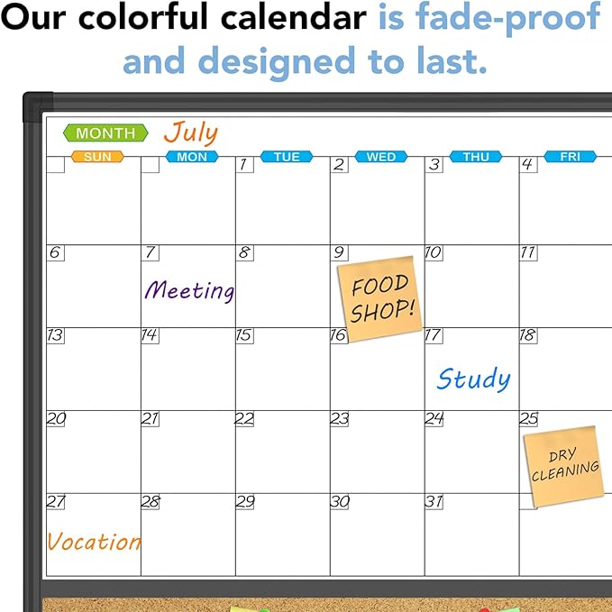 JILoffice Magnetic Calendar Whiteboard & Bulletin Corkboard Combination, Combo Board 24 x 18 Inch, Black Aluminum Frame Wall Mounted Board for Office Home and School with 10 Push Pins
