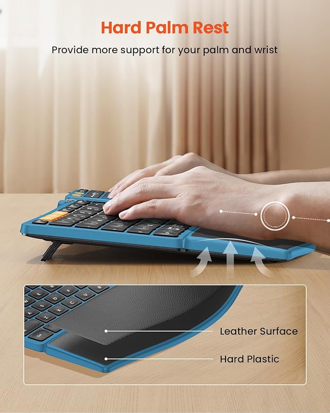 ProtoArc Bluetooth Ergonomic Keyboard, Wireless Split Keyboard with Separate Number Pad, Dual Bluetooth and USB, Hard Wrist Rest, Rechargeable for Windows/Mac/Android - Blue